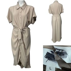 Gilli Midi Dress Sz L tan button up short sleeve ruched office business casual